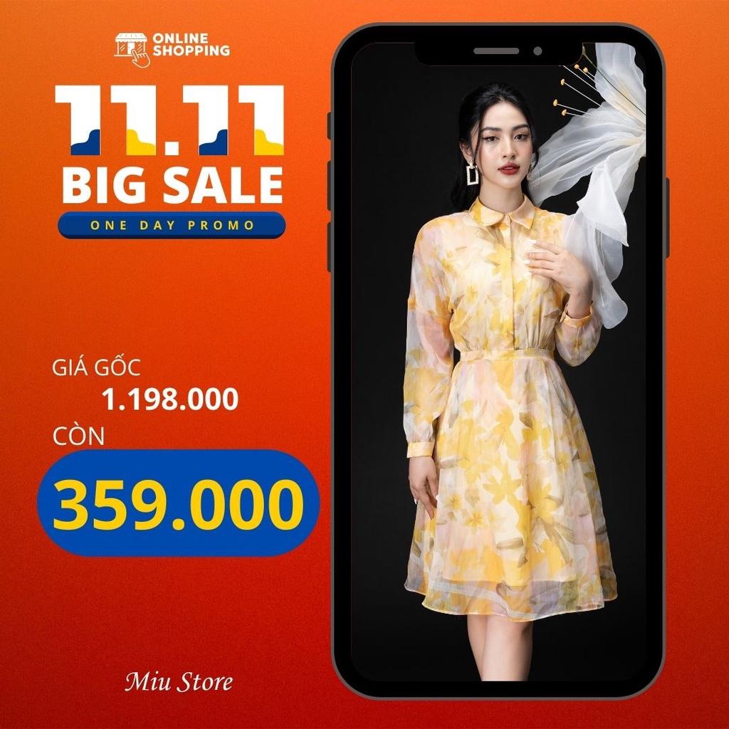D00463 - Đầm thiết kế cao cấp voan tơ cổ đức hoa vàng Miu Store