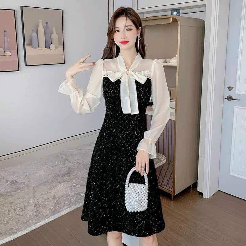 HÀNG NHẬP - ĐẦM THUN KIM TUYẾN PHỐI TAY VOAN