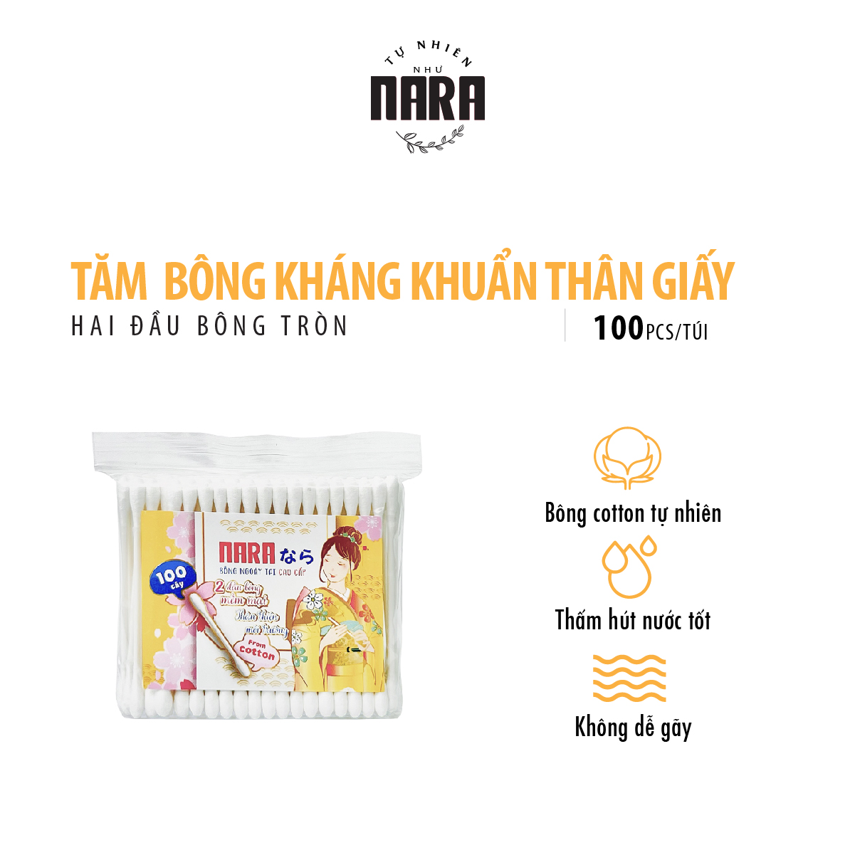 Tăm bông Nara kháng khuẩn màu vàng túi 100 cái