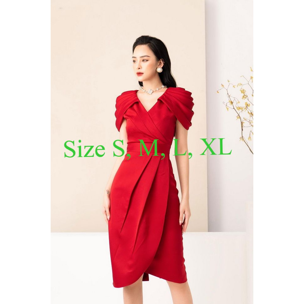 AV6510 - Đầm ôm body cổ tim tay xếp pli lai xéo cực sang