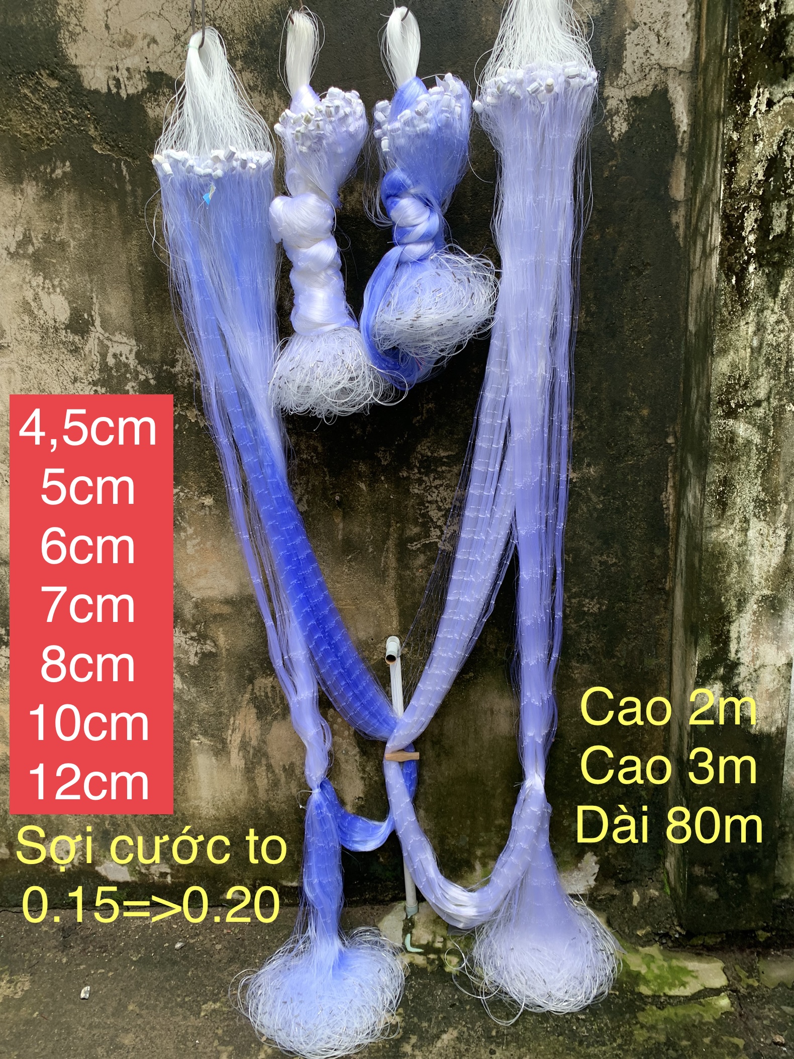 Lưới 3 màng bắt cá cao 2m, 3m dài 80.! Cở lưới 4,5phân( then 2.25cm) , 5phân( then 2,5cm), 6phân ( then 3cm), 7phân (then 3,5cm), 8phân (then 4cm), 10phân (then 5cm), 12phân (then 6cm).!