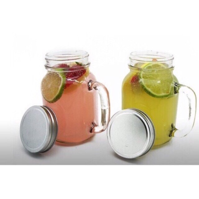 LY THUỶ TINH CÓ QUAI DẠNG LỌ VUÔNG, TRÒN CÓ NẮP VẶN 410ML ĐỰNG TRÀ SỬA, SINH TỐ, NƯỚC ÉP HOA QUẢ...