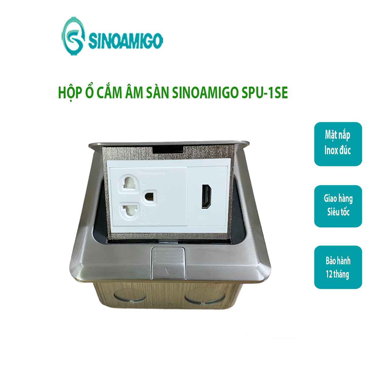 Hộp ổ cắm âm sàn Sinoamigo SPU-1SE inox đúc nguyên tấm chống oxy hóa (Điện, Lan, tel, HDMI, VGA..). Hàng chính hãng