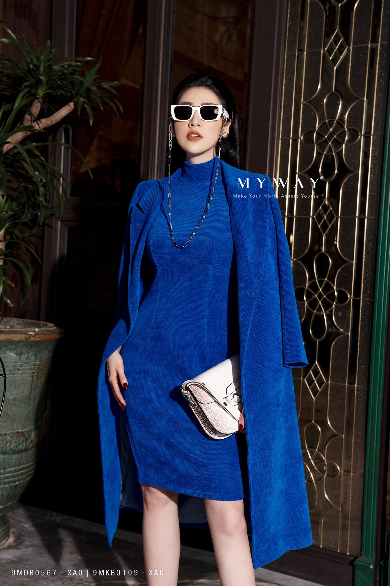 Set Áo Khoác Dài Nhung Xanh Cobalt Nổi Bật Cao Cấp MY WAY 9MDB0567 - 9MKB0109 XA0