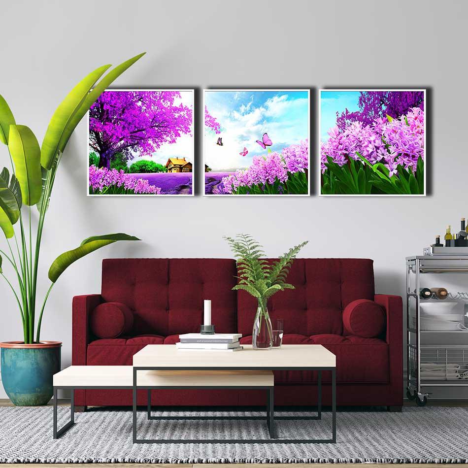 Bộ 3 tranh canvas treo tường Decor Cách rừng tím và hoa – DC148