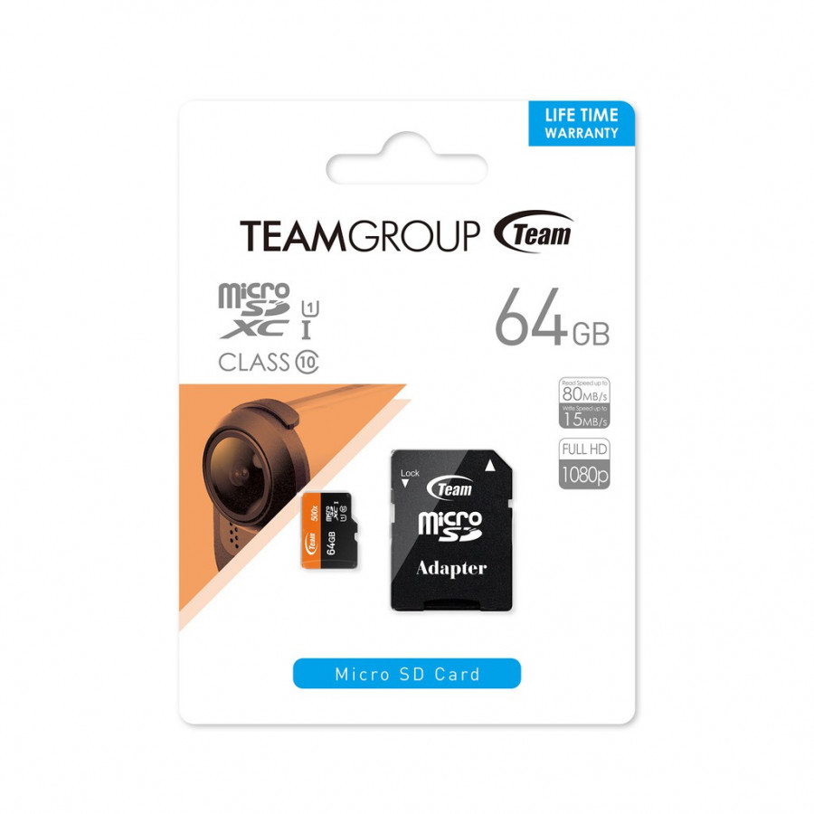 Thẻ nhớ microSDXC Team 64GB 500x upto 80MB/s class 10 UHS-I kèm Adapter (Đen cam) - Hàng chính hãng