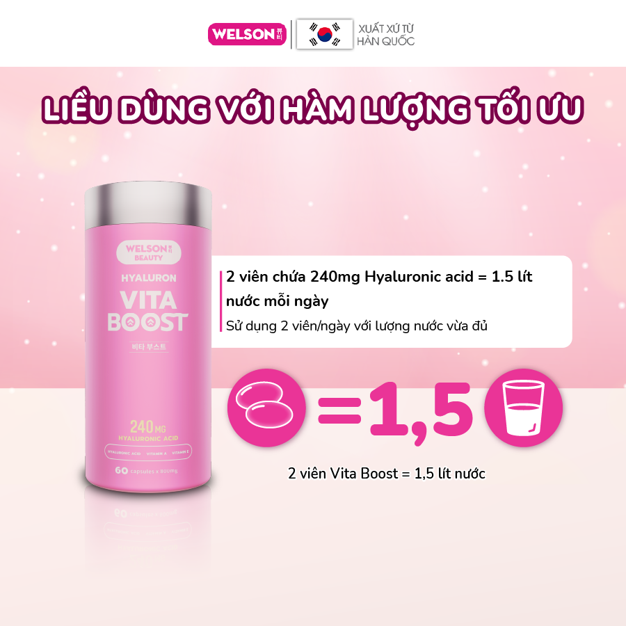 Combo 2 hộp viên uống Hyaluronic Acid cấp ẩm trắng da Welson Beauty Hyaluron Vita Boost 2 hộp x 60 viên