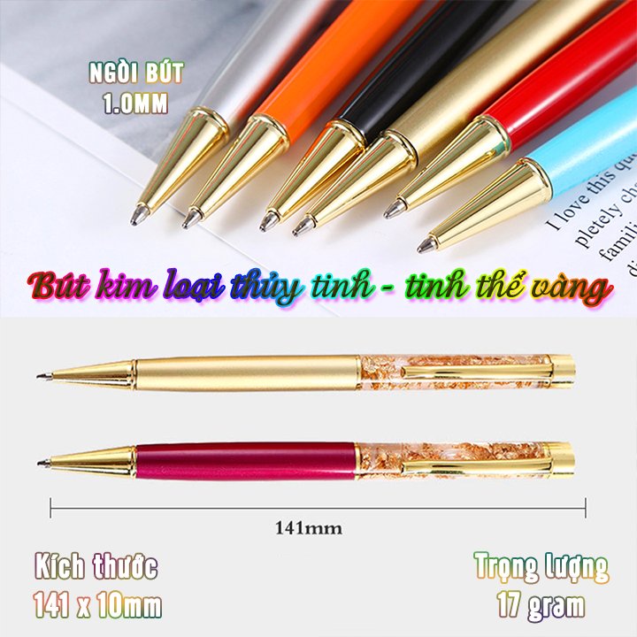 Bút bi xoay vỏ kim loại thủy tinh tinh thể vàng - nhiều màu - tặng kèm 1 ruột bút và hộp đựng bút.