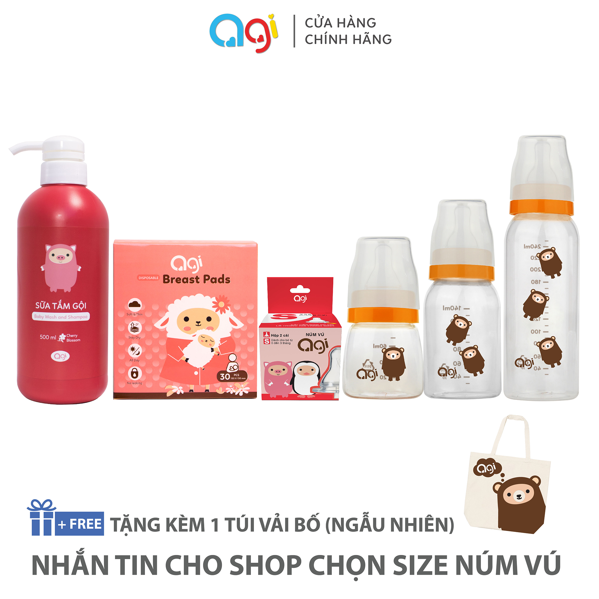 Combo 7 món đa dạng Agi ( Bình sữa, sữa tắm giao ngẫu nhiên, Núm vú nhắn tin cho shop để chọn size )