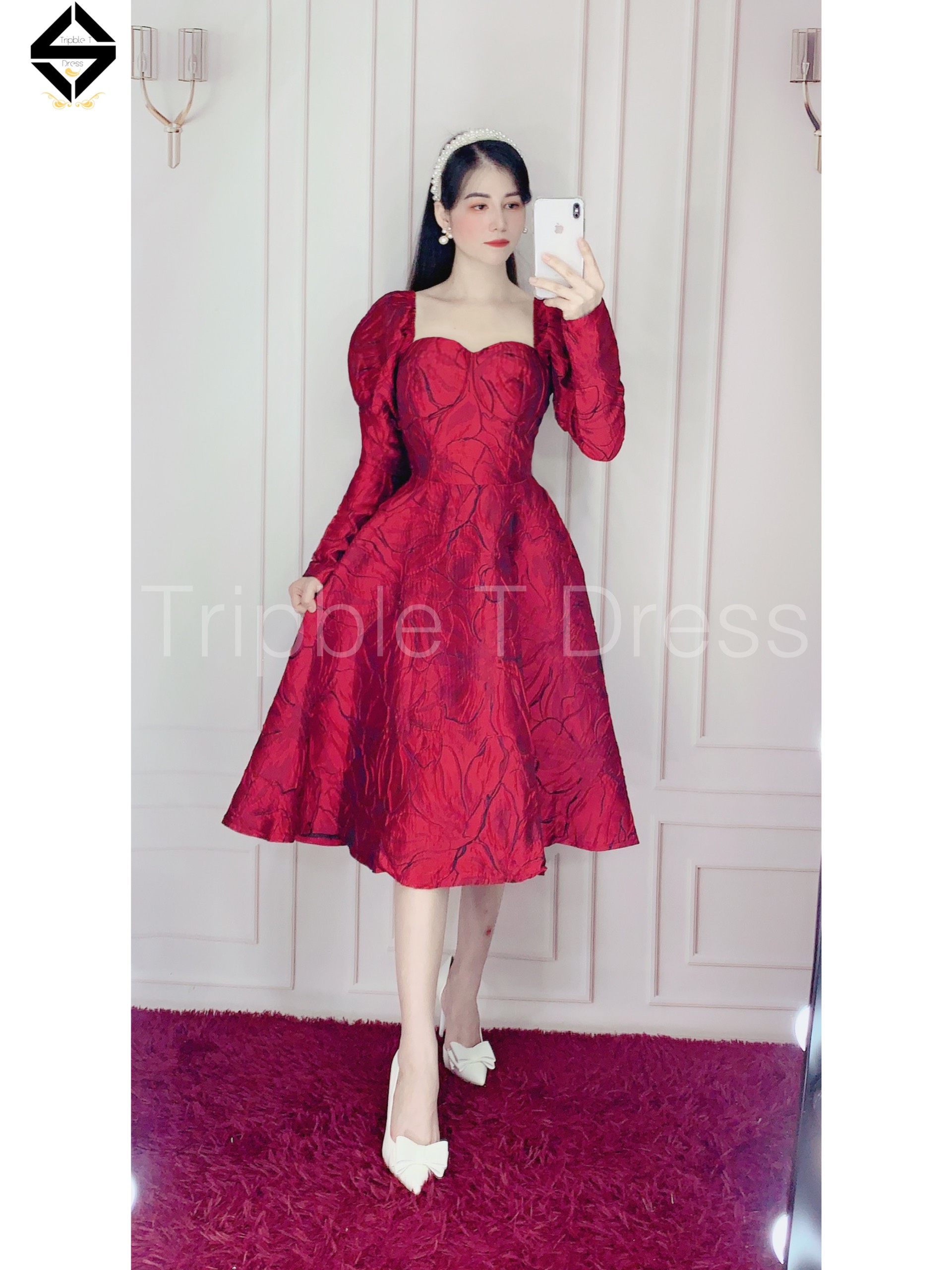 Đầm xoè dự tiệc gấm tay dài phồng TRIPBLE T DRESS - size M/L - MS204