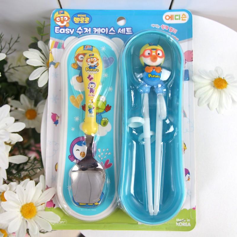 Set 2 món thìa, đũa tập ăn có hộp đựng cho bé Edison 9842 Hàn Quốc hình Pororo - Đồ dùng ăn dặm Edison