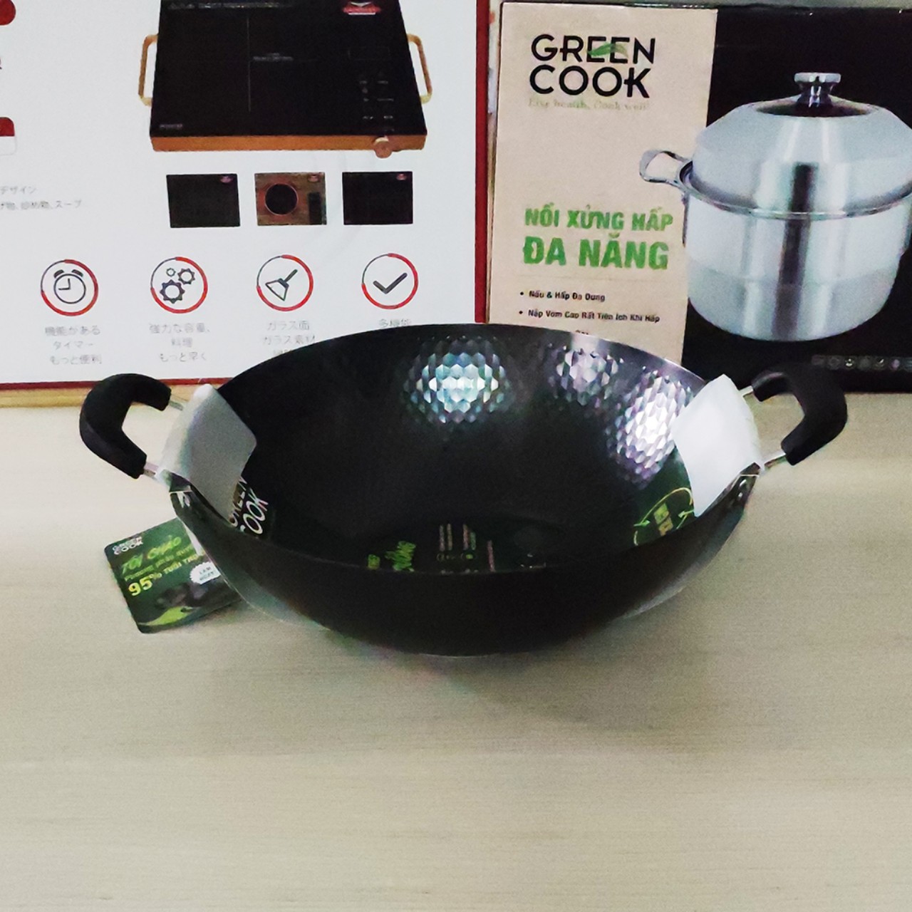 Chảo xào thép sâu lòng vân kim cương Greencook GCW02 size 32/34cm dùng mọi loại bếp, chống dính tự nhiên-Hàng chính hãng