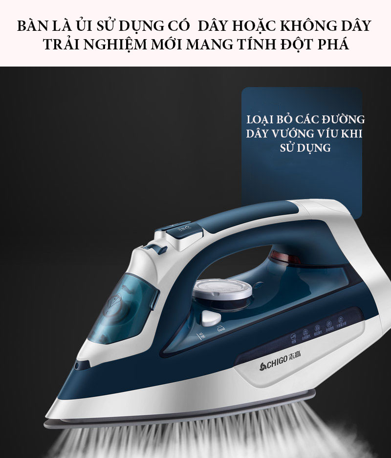 Bàn Ủi Hơi Nước CHIGO ZG-Y038 Thiết Kế Tháo Rời Không Dây, Công Xuất lớn 2000W - Hàng Chính Hãng