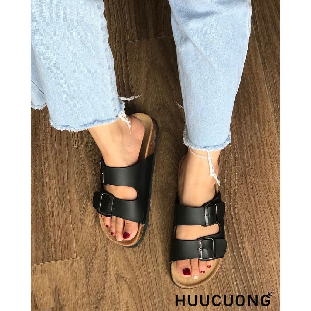 Dép unisex HuuCuong 2 khóa đen đế trấu handmade