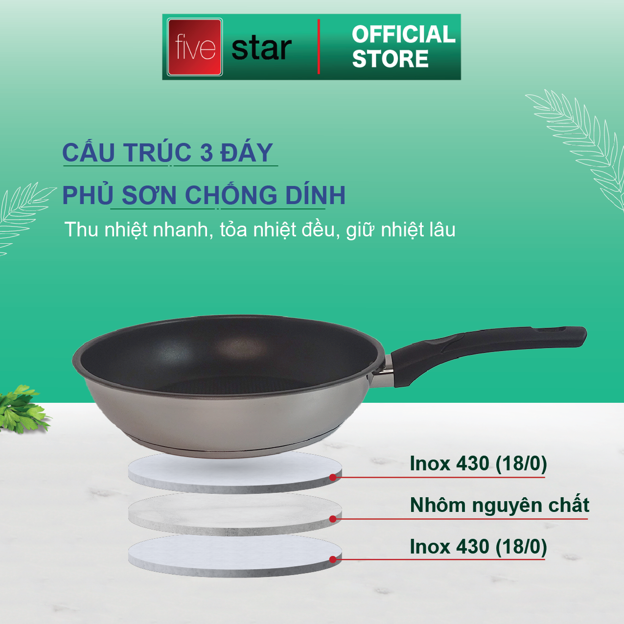 Chảo Chống Dính Bếp Từ 3 Đáy Fivestar 26 cm - Tặng 5 Muỗng Inox Cao Cấp