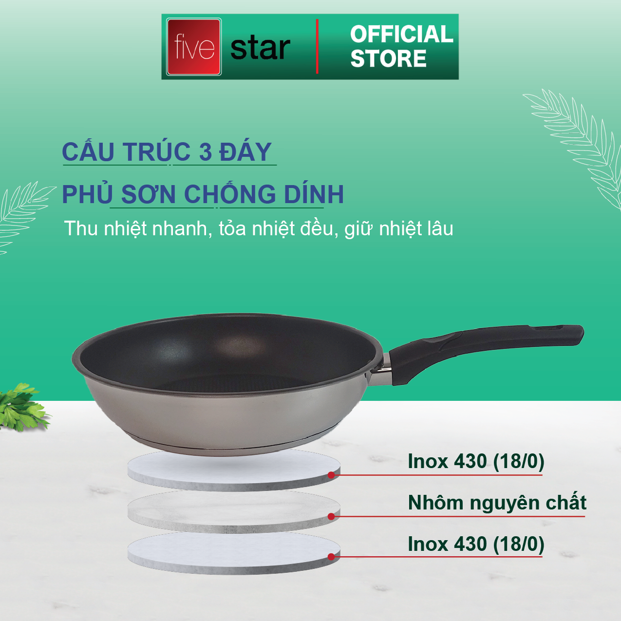Bộ nồi chảo 3 đáy inox 430 cao cấp FiveStar Standard 2 món nắp kính tặng 1 vá canh