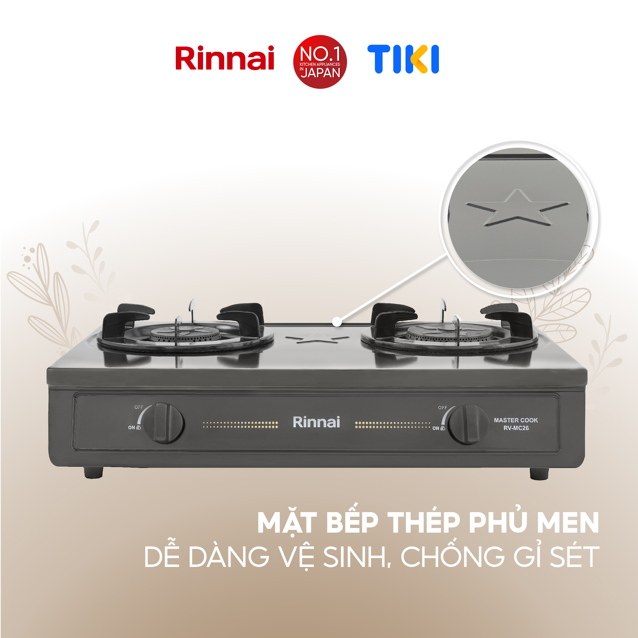 Bếp gas dương Rinnai RV-MC26BE mặt bếp men và kiềng bếp men - Hàng chính hãng