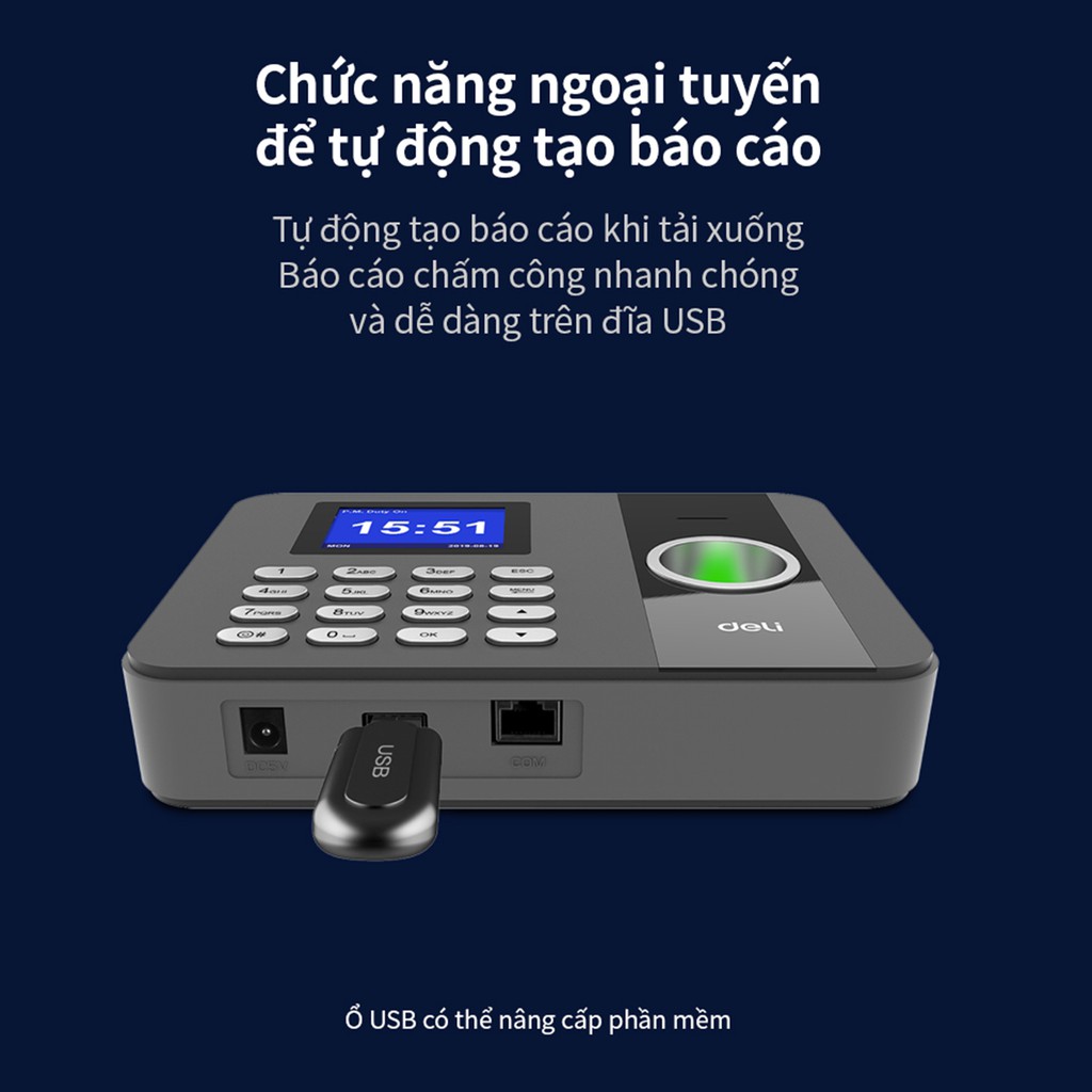 Máy Chấm Công Quét Vân Tay Deli - Độ Chính Xác Cao, Kết Nối USB - Dung Lượng Lưu Trữ Gấp Đôi - Tích Hợp Nhiều Ngôn Ngữ - Phù Hợp Cho Công Ty Văn Phòng Trường Học - Hàng chính hãng - E3747 E3747PRO