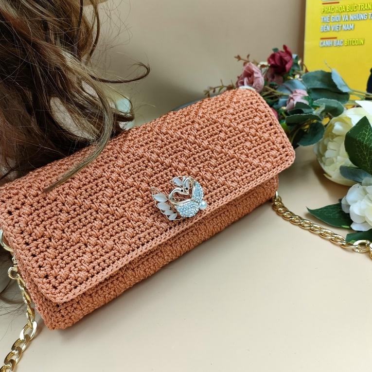 Set nón và túi xách handmade thời trang siêu xinh-Nón vành rộng họa tiết rẽ quạt và túi nhỏ dây đeo màu cam