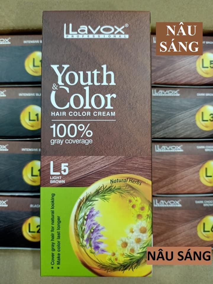 Nâu Cà Phê(Nâu Sáng L5) - Kem Nhuộm Dưỡng Tóc Phủ Bạc Lavox Youth&amp;Color L5 - Màu Nâu Cà Phê (Mẫu Cũ Nâu Sáng)