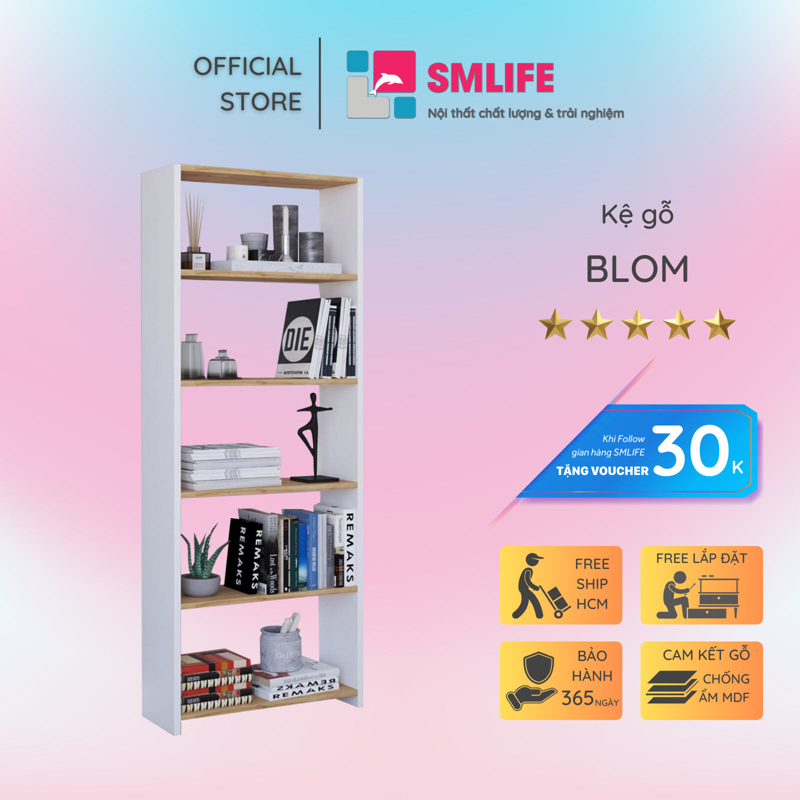 Kệ sách gỗ MDF gia đình thiết kế tiện dụng SMLIFE Blom