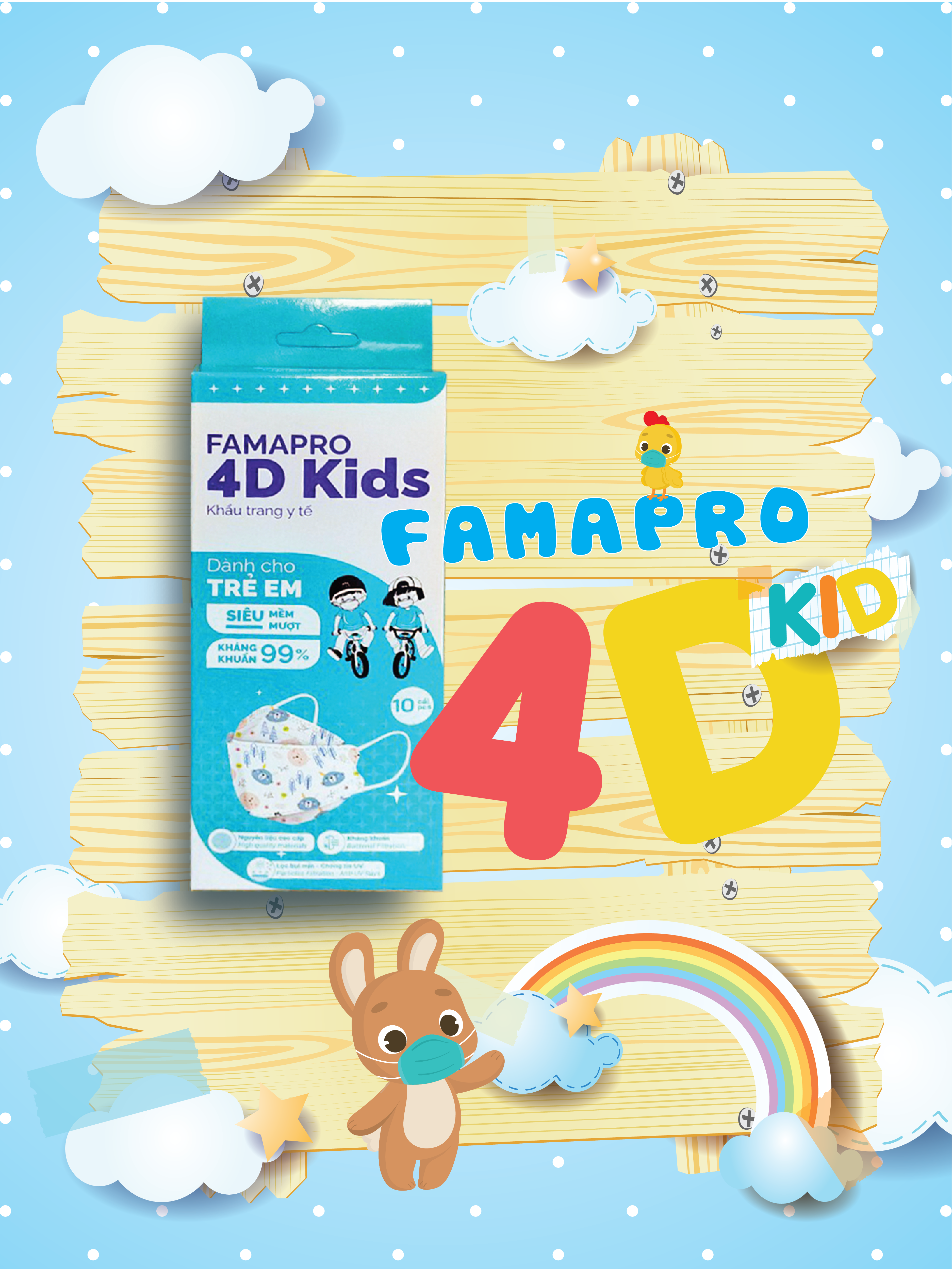 Khẩu Trang Y Tế 3 Lớp Famapro 4D Kids/Dành Cho Trẻ Em Từ 4-10 Tuổi/Kháng Khuẩn 99%/Hộp 10 Cái
