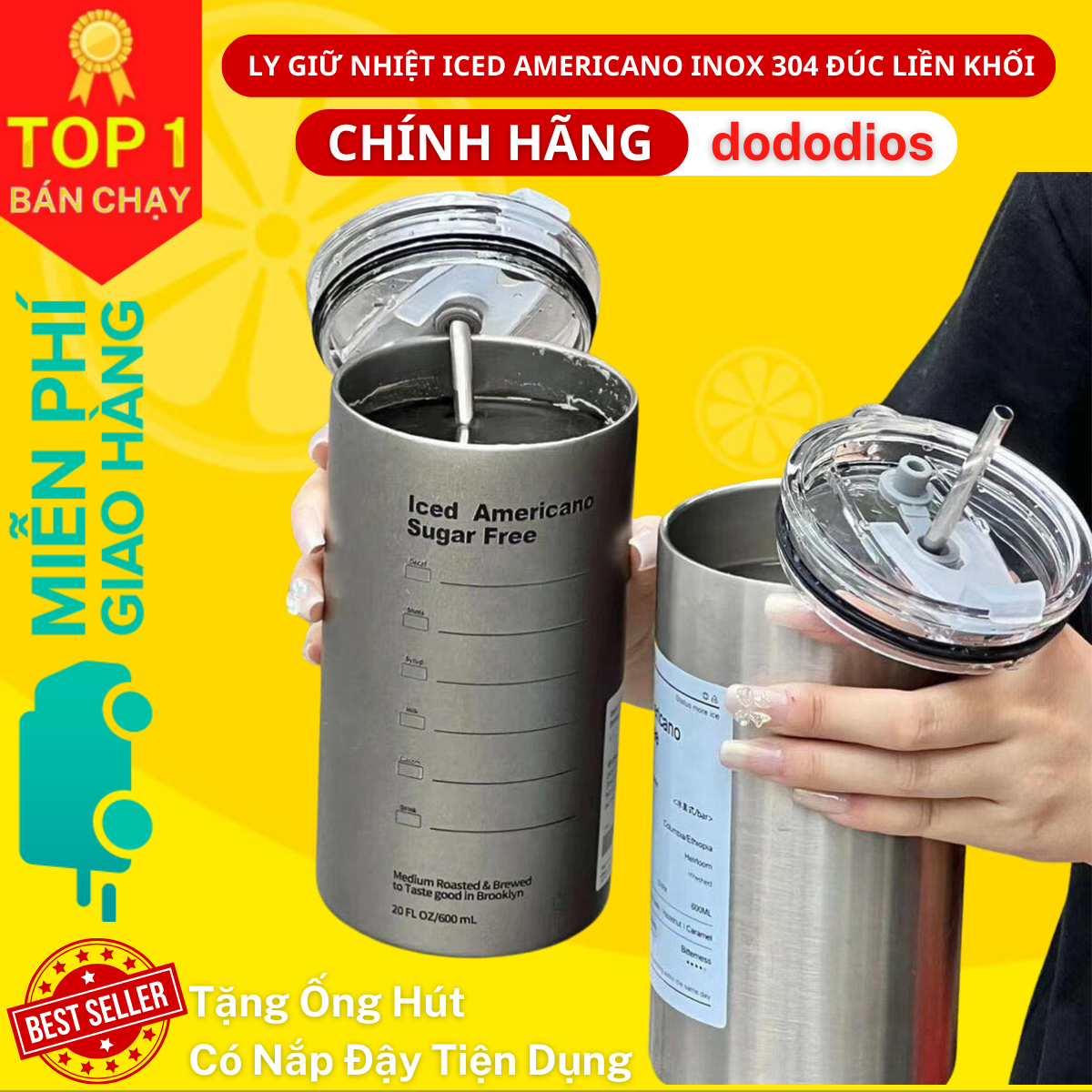 Cốc giữ nhiệt dododios phong cách Iced Americano đá lạnh thép không gỉ 304 có ống hút 600ml tiện lợi, Ly Giữ Nhiệt Iced Americano Inox 304 Đúc Liền Khối Cao Cấp Có Nắp Đậy Và Ống Hút Inox - Hàng chính hãng dododios