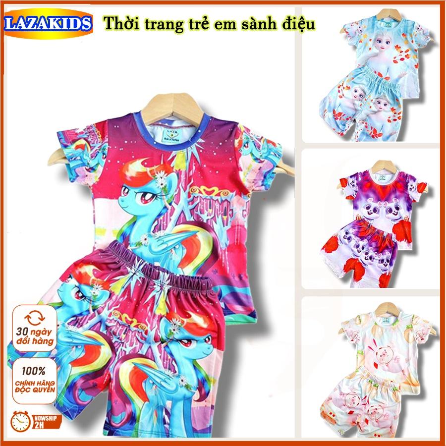 Bộ đồ thun lạnh bé gái in 3D Hoạt hình Elsa, pony - Bộ bé gái vải xuất thái Lazakids cho bé từ 9-30kg