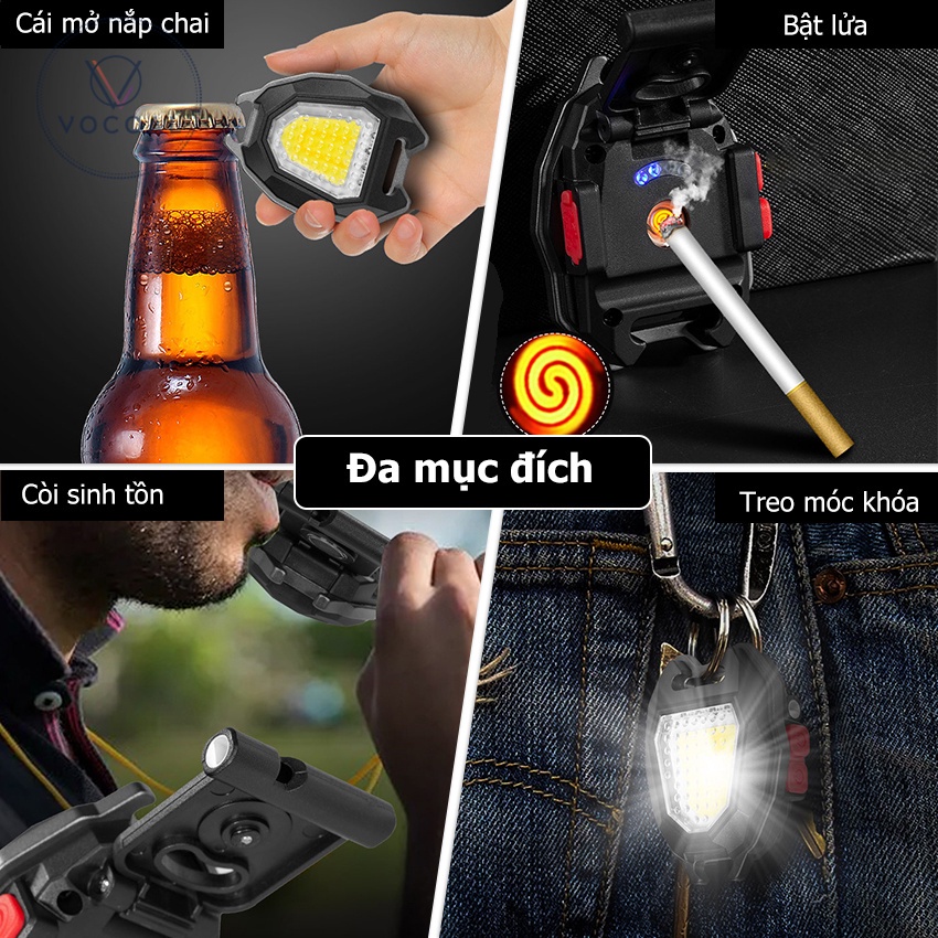 Đèn led móc khóa mini siêu sáng 5 in 1 có nam châm, bật lửa, mở bia, pin khoẻ mẫu mới dùng đi cắm trại