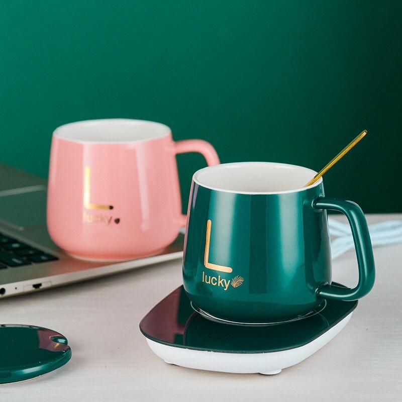 Cốc Hâm Nóng đồ uống kèm đế điện, Bộ Cốc sứ kèm đế điện hâm nóng trà, cafe, hâm sữa + Tặng kèm thìa vàng, hộp