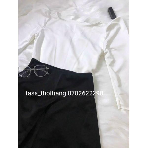 TSL-Set Váy áo trắng kèm chân váy xẻ tà màu đen Nữ Thiết Kế Tiểu Thư Đen Trắng Umi Cao Cấp