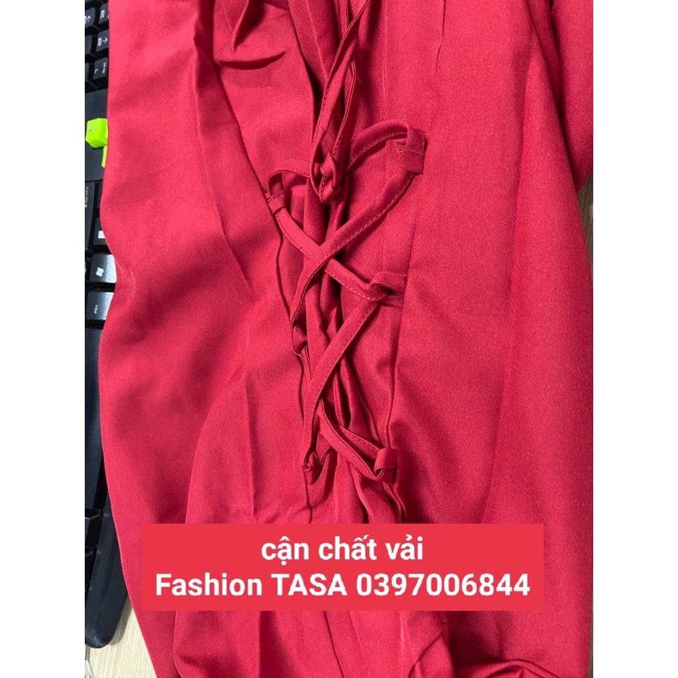 X2 Đầm đỏ noel dự tiệc đan dây eo thắt lưng cổ vuông tay ngắn dáng chữ A du xuân đón Tết