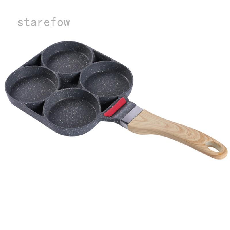 Chảo đá chống dính chia 4 ngăn chiên trứng làm bánh sử dụng được cho bếp từ tay cầm bằng gỗ chống cháy, chống bỏng