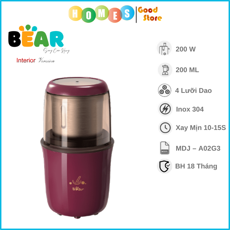 Máy Xay Bột Khô Hạt Cà Phê, Hạt Tiêu, Ngũ Cốc BEAR MDJ-A02G3 Công Suất 200W - Hàng Chính Hãng