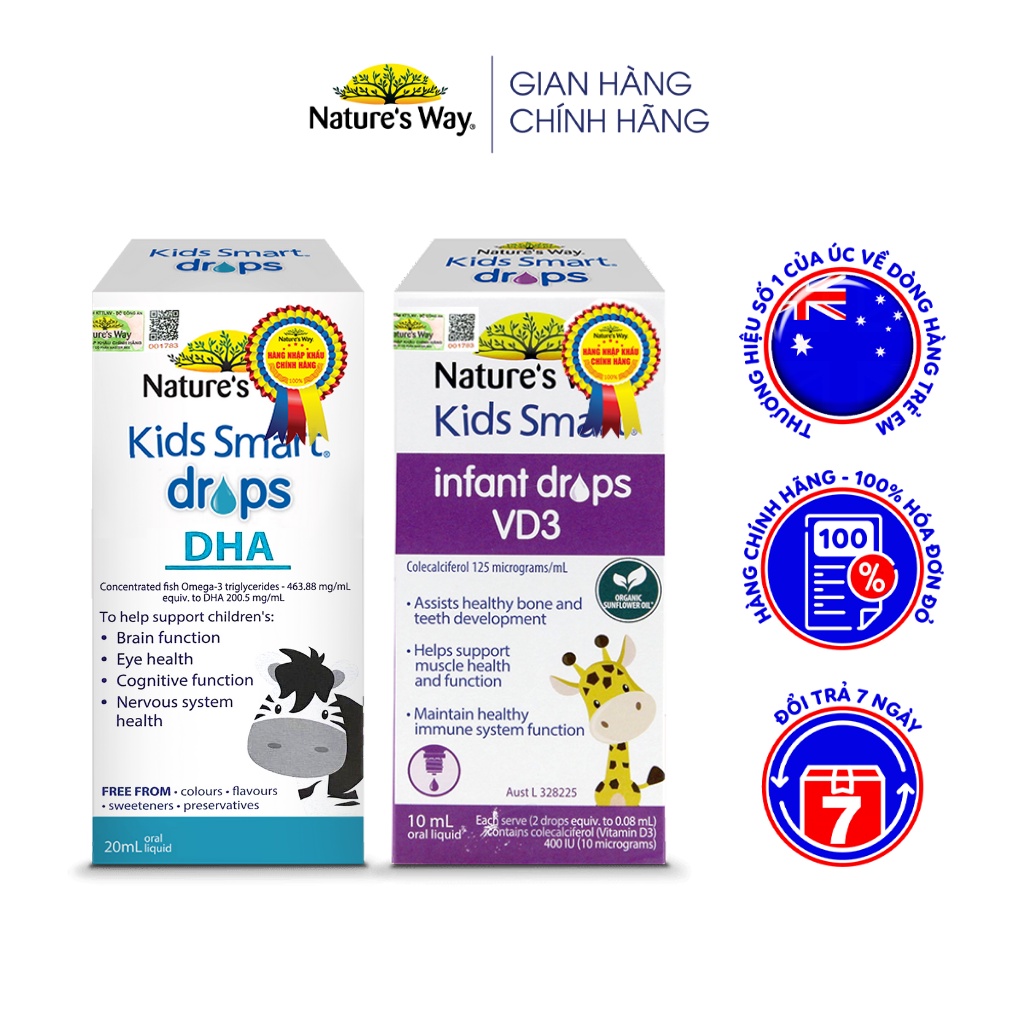 Combo 2 Siro Uống Nature's Way Kids Smart DHA Và Infant Drops VD3 Bổ Sung Vitamin D, Phát Triển Não Bộ Cho Bé