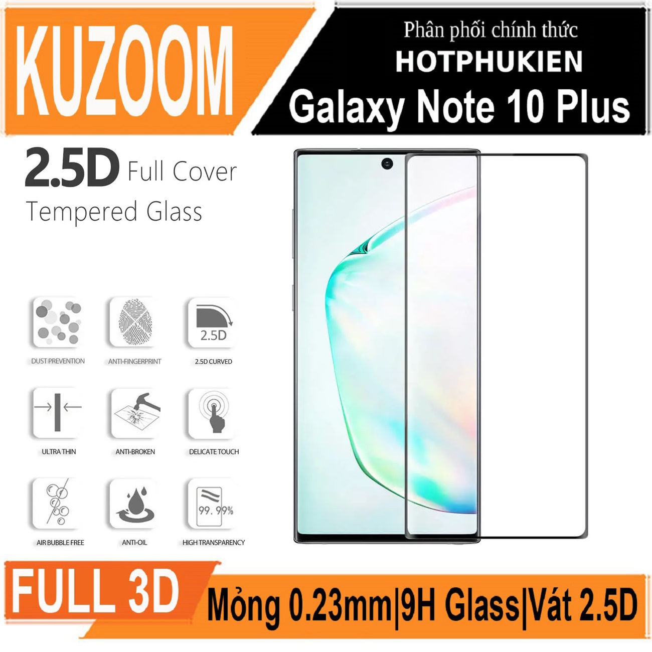 Miếng dán kính cường lực cho Samsung Galaxy Note 10 Plus full màn hình 3D hiệu Kuzoom Protective Glass - Hàng nhập khẩu