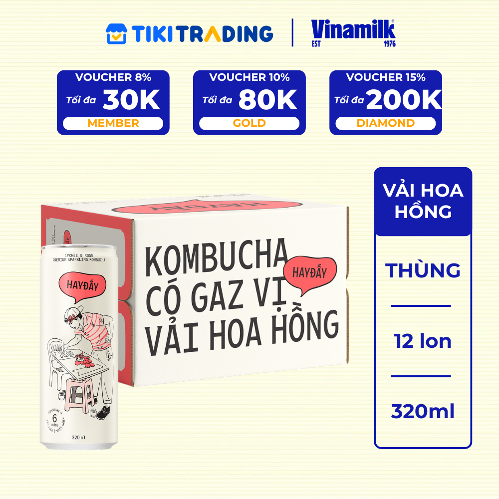Thùng 12 lon Kombucha Có Gaz Vị Vải Hoa Hồng 320ml
