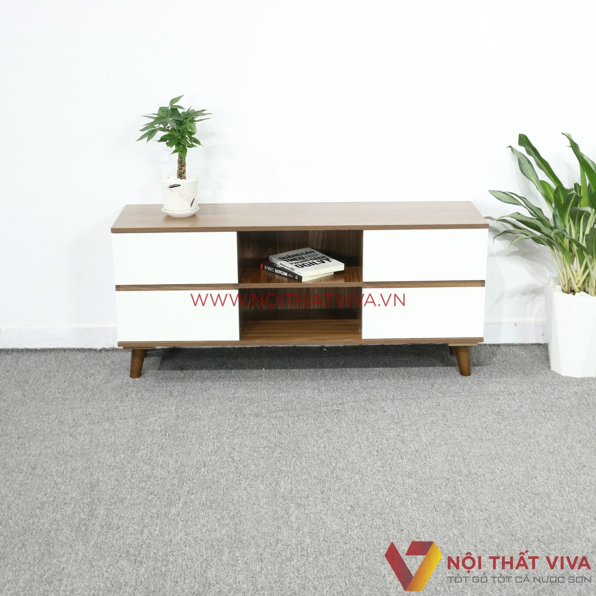 Kệ Tivi Gỗ MDF Melamine Màu Óc Chó Hộc Kéo Trắng Đẹp Hiện Đại