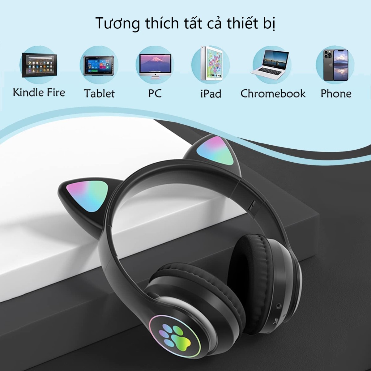 Tai Nghe Không Dây Tai Mèo Bluetooth JST-28 Âm Nhạc Stereo Chụp Đầu Phát Sáng Chơi Game Có Mic Khe Cắm Thẻ Nhớ