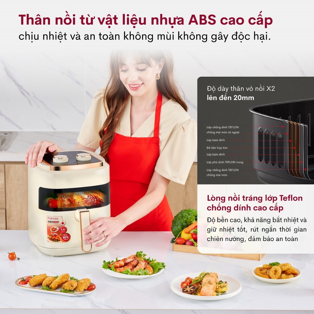 Nồi chiên không dầu 5.5 Lít mặt kính nhập khẩu Nhật Bản Fujihome A5GW tự ngắt tiết kiệm điện, nồi chiên k dầu cơ 5.5 L chống dính cao - HÀNG CHÍNH HÃNG