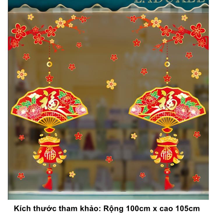 Decal hít tĩnh điện trang trí dán tết - HOA MAI ĐỎ QUẠT CHỮ PHÚC TÚI TIỀN VÀNG
