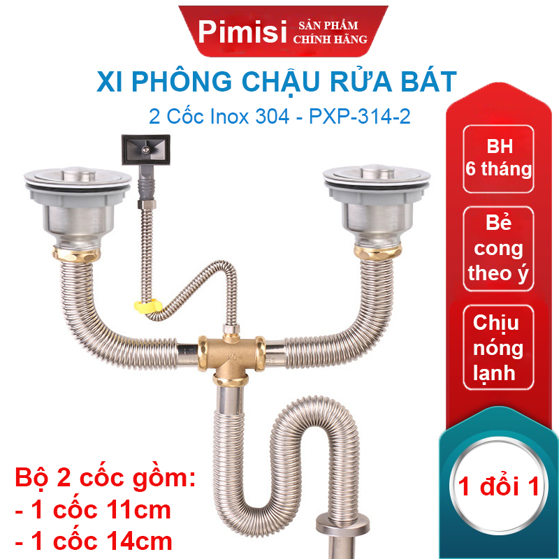 Xi Phông Chậu Rửa Bát 2 Hố Pimisi PXP-314-2 Inox Cao Cấp Kiểu Chun Uốn - Bẻ Cong, cho Bồn Rửa Chén 2 Hộc Đôi | Chính Hãng