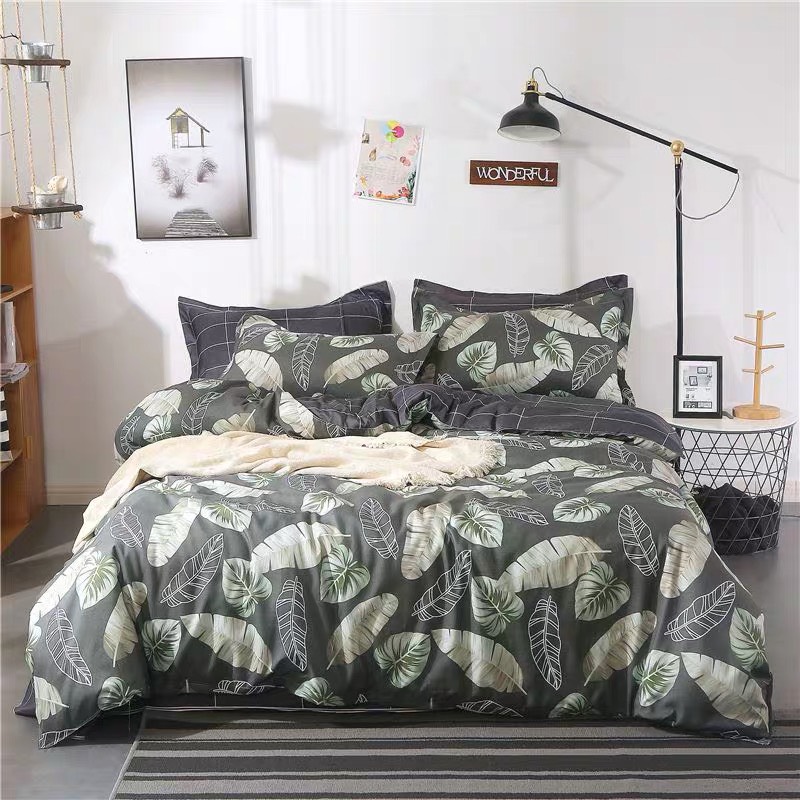 Bộ chăn ga gối cotton PLQH - Lá Khoai Xám -Tặng 1 móc khóa Houston