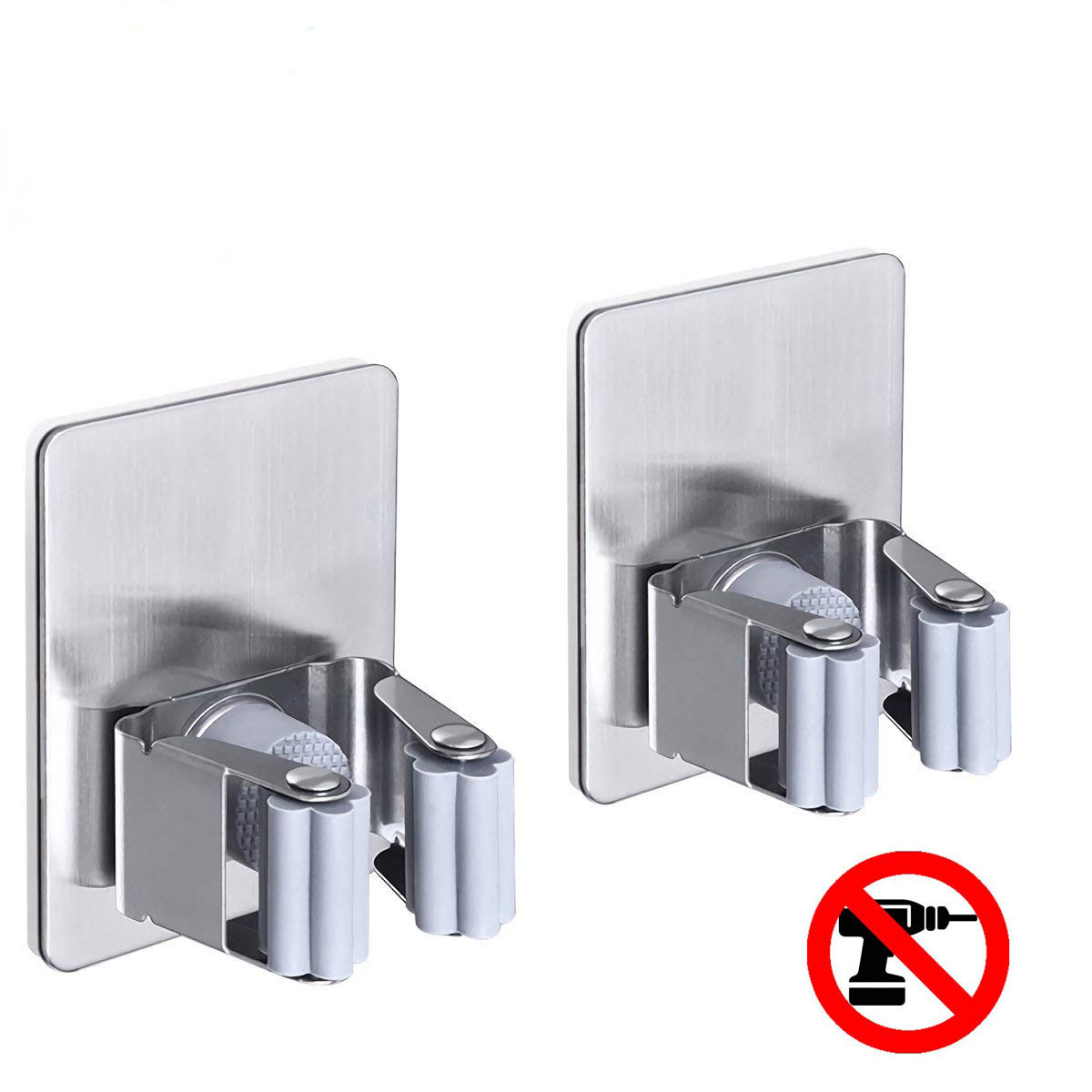 Set 2 móc treo cán chổi Inox SUS304 dán tường gạch men không rỉ sét - mẫu hình vuông đệm cao su kèm sẵn keo dán - HOBBY TCV