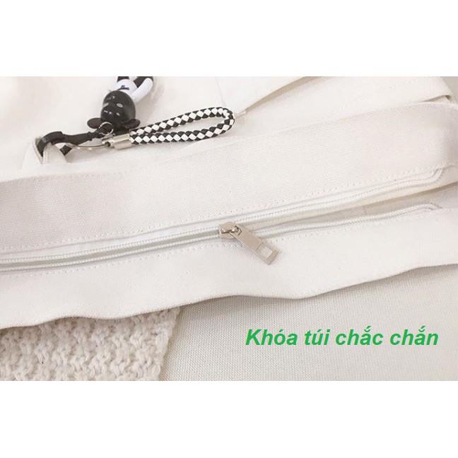 túi nữ Tote Hàn Quốc vải Canvas dày ngăn chứa lớn kèm bé gấu dễ thương để được sách đồ