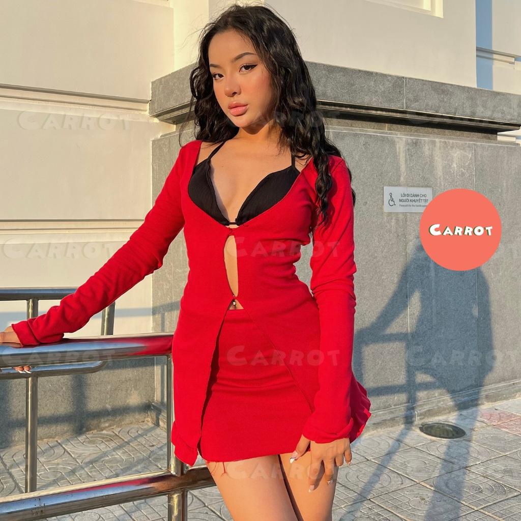 Áo croptop tay dài thiết kế đỏ chân váy ôm body áo ngực trắng đen sexy carrotxinhdep chất vải co giãn đi biển đỏ