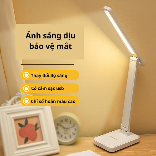 Đèn led chống cận, để bàn học sạc usb có kệ đựng bút hoặc điện thoại hình tròn - Hàng chính hãng