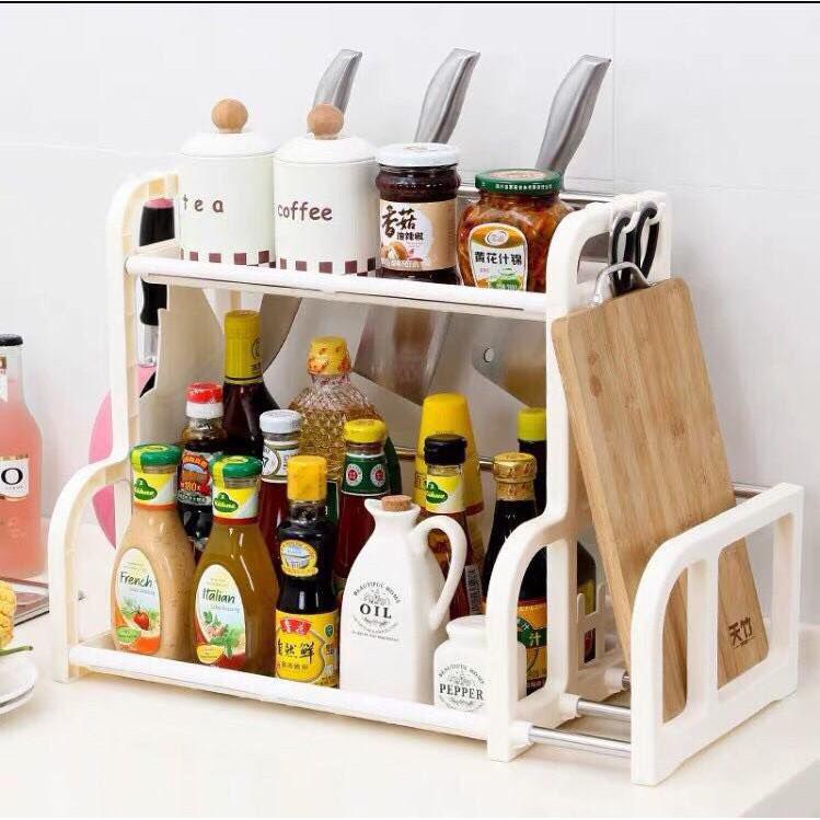 Kệ Đựng Gia Vị 2 Tầng Chữ H Có Chỗ Để Thớt, Có Móc Treo Đồ Đa Năng - Đồ dùng, dụng cụ nhà bếp