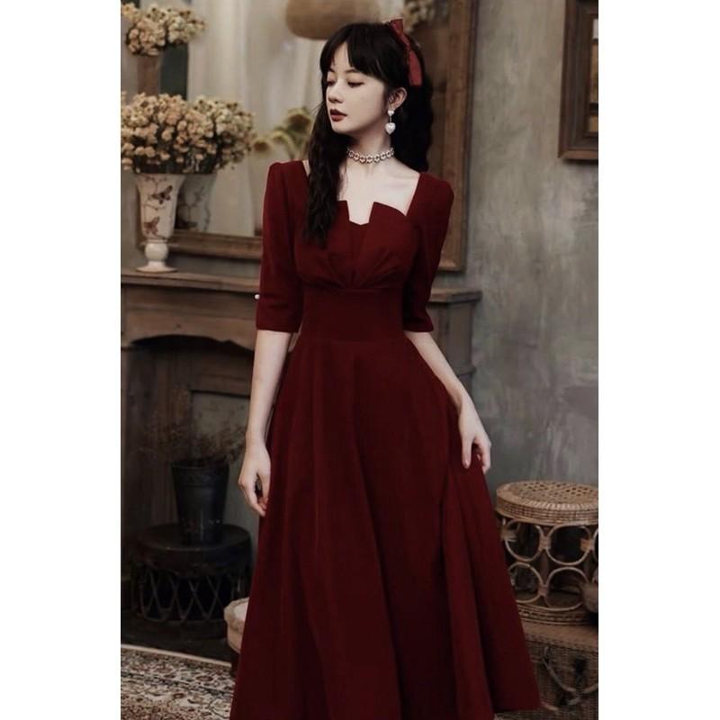 VÁY NHUNG ĐỎ ĐÔ DÁNG XOÈ DÀI 106cm