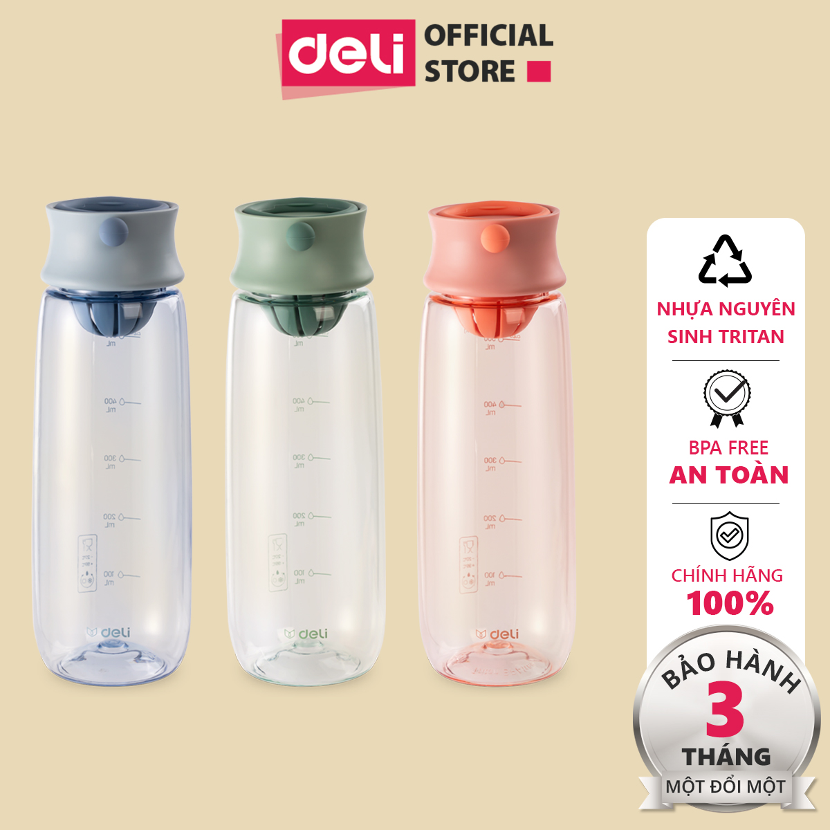 Bình Nước Bằng Nhựa Tritan Nắp Bật 460 610 ml Có Chia Vạch Nước Deli - BPA Free An Toàn Cho Sức Khỏe - Phù Hợp Bình Nước Detox Thể Thao Ngoài Trời Gym Yoga Cho Bé Tới Trường - 17664 / 17663